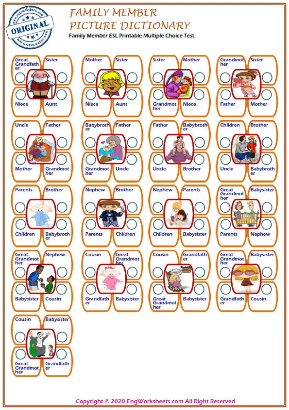 Family Member ESL Printable Multiple Choice Test. Worksheet Preview