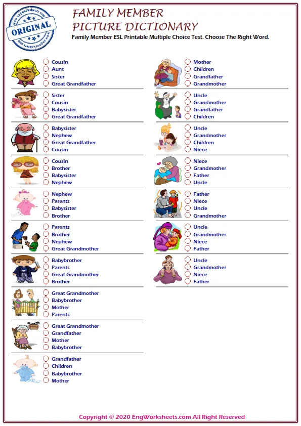 Family Member ESL Printable Multiple Choice Test. Choose The Right Word. Worksheet Preview