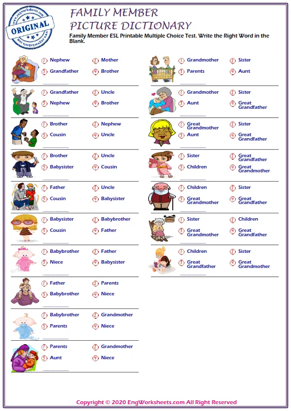 Family Member ESL Printable Multiple Choice Test. Write the Right Word in the Blank. Worksheet Preview