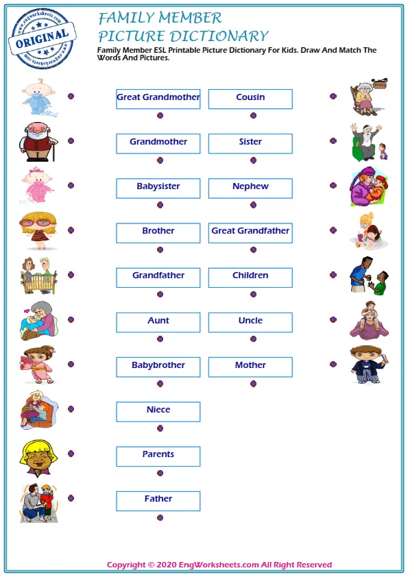 Family Member ESL Printable Picture Dictionary For Kids. Draw And Match The Words And Pictures. Worksheet Preview