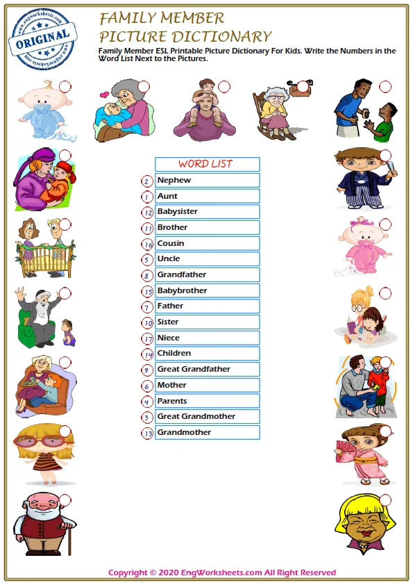 Family Member ESL Printable Picture Dictionary For Kids. Write the Numbers in the Word List Next to the Pictures. Worksheet Preview