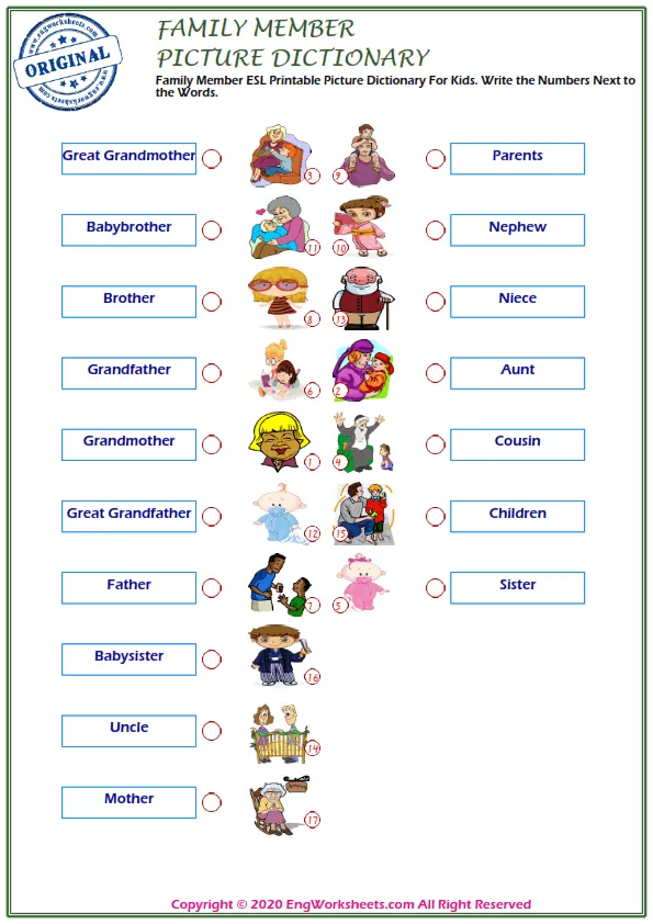 Family Member ESL Printable Picture Dictionary For Kids. Write the Numbers Next to the Words. Worksheet Preview