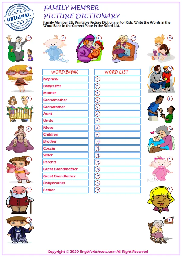 Family Member ESL Printable Picture Dictionary For Kids. Write the Words in the Word Bank in the Correct Place in the Word List. Worksheet Preview