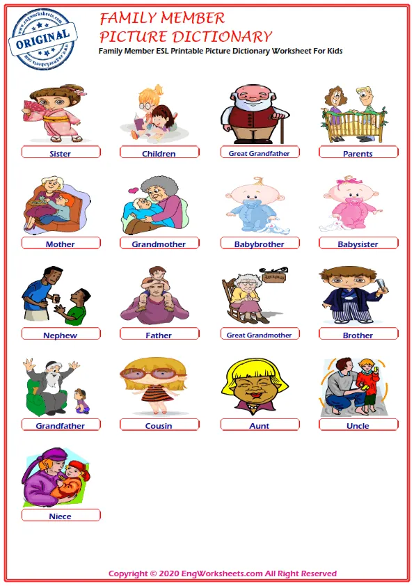 Family Member ESL Printable Picture Dictionary Worksheet For Kids Worksheet Preview