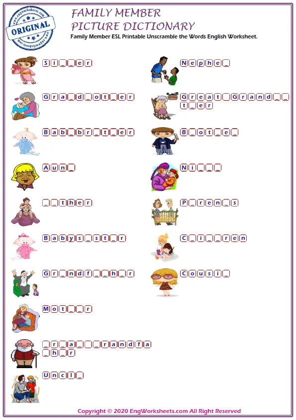 Family Member ESL Printable Unscramble the Words English Worksheet. Worksheet Preview