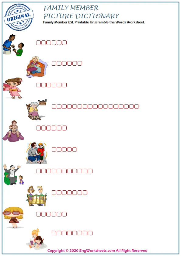 Family Member ESL Printable Unscramble the Words Worksheet. Worksheet Preview