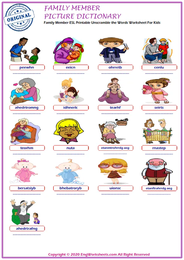 Family Member ESL Printable Unscramble the Words Worksheet For Kids Worksheet Preview
