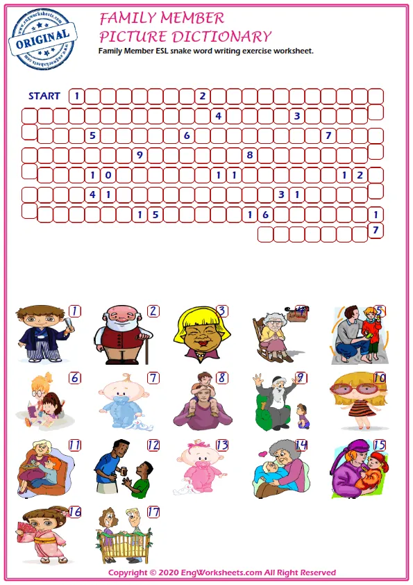 Family Member ESL snake word writing exercise worksheet. Worksheet Preview