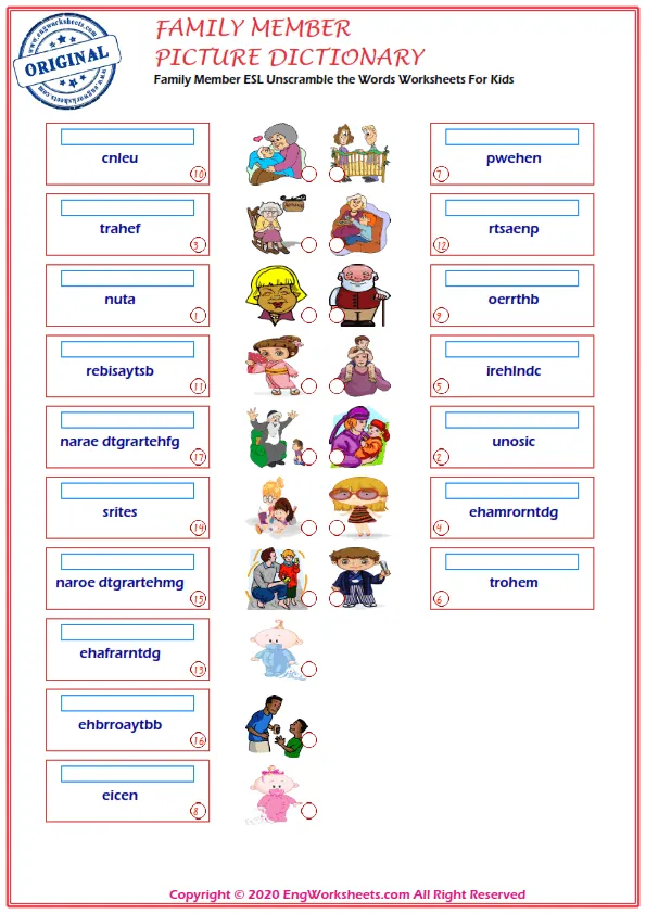 Family Member ESL Unscramble the Words Worksheets For Kids Worksheet Preview