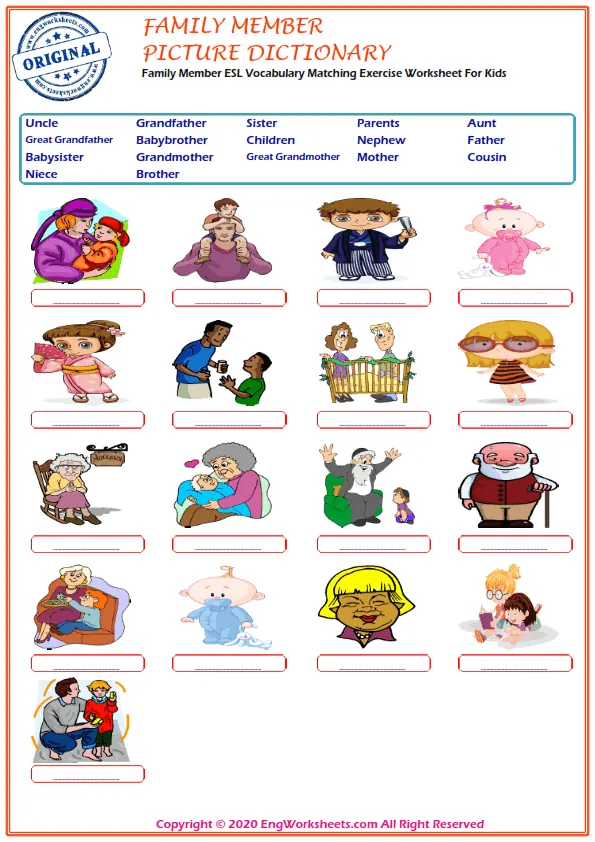 Family Member ESL Vocabulary Matching Exercise Worksheet For Kids