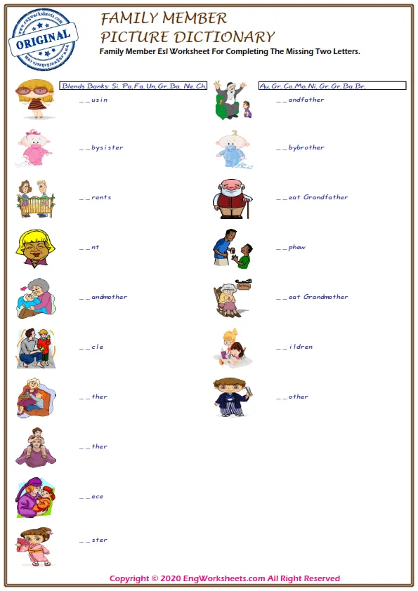 Family Member Esl Worksheet For Completing The Missing Two Letters. Worksheet Preview