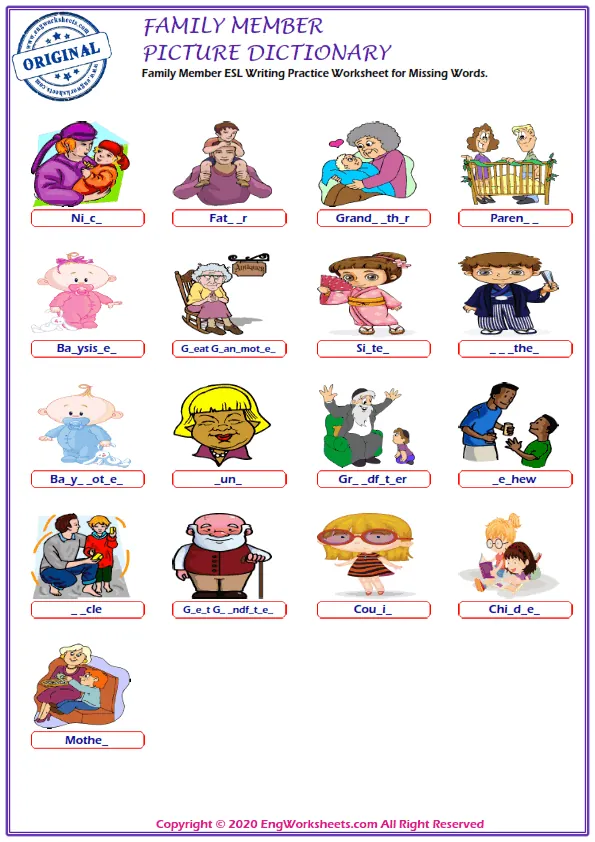 Family Member ESL Writing Practice Worksheet for Missing Words.