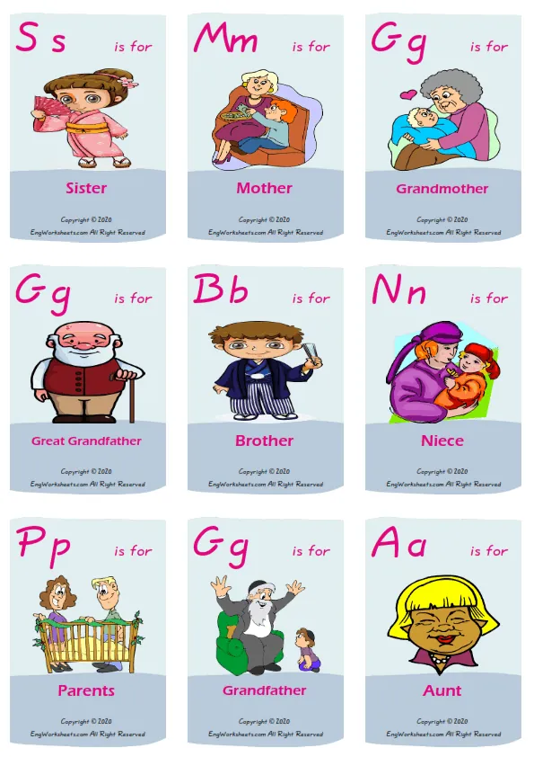 Family Member vocabulary worksheet with words, nine images per page