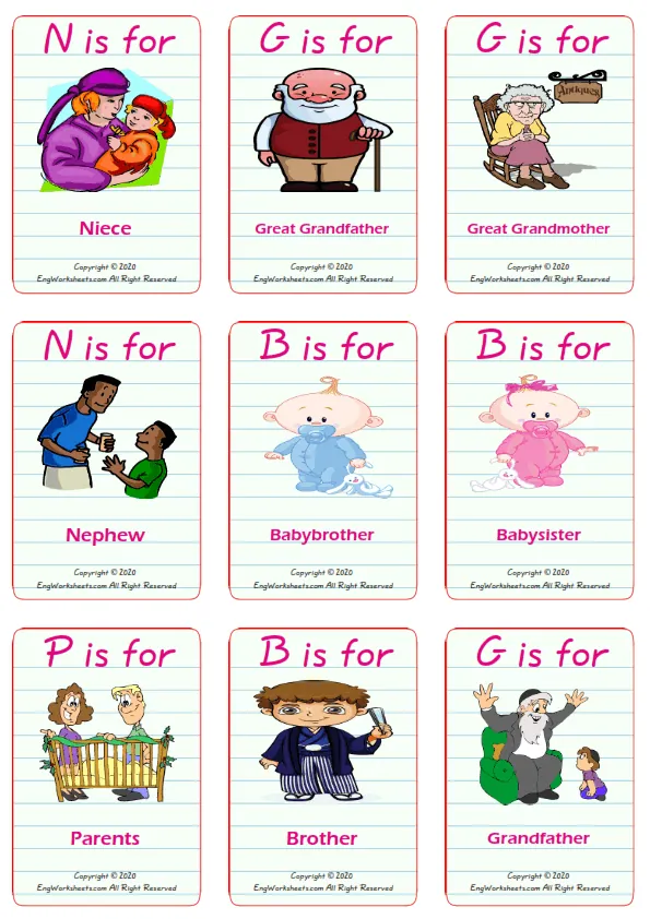 Family Member vocabulary worksheet with words, nine images per page
