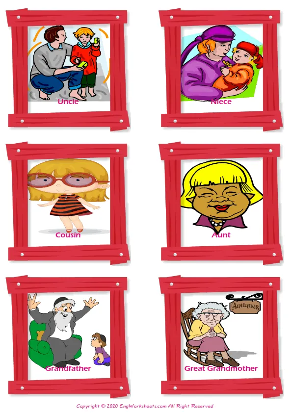 Family Member vocabulary worksheet with words, six images per page