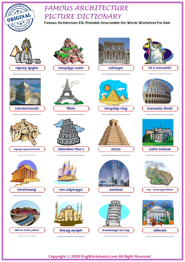 Famous Architecture ESL Printable Unscramble the Words Worksheet For Kids