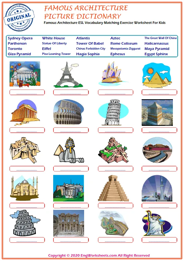 Famous Architecture ESL Vocabulary Matching Exercise Worksheet For Kids