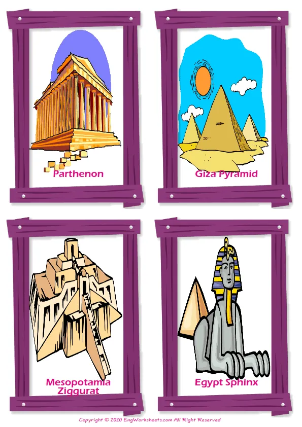 Famous Architecture vocabulary worksheet with words, four images per page