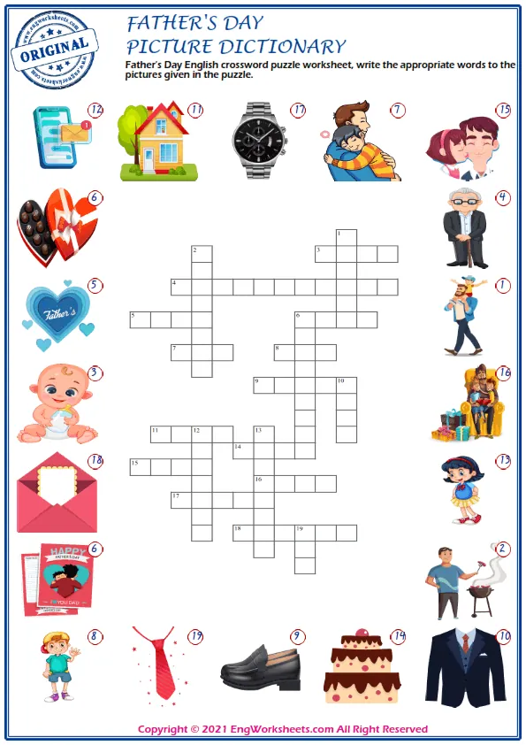 Father's Day English crossword puzzle worksheet, write the appropriate words to the pictures given in the puzzle. Worksheet Preview
