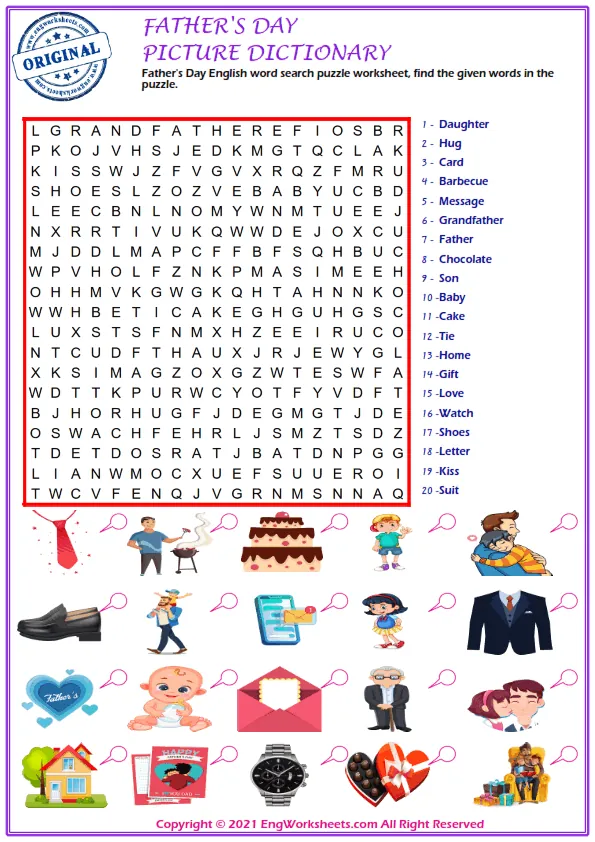 Father's Day English word search puzzle worksheet, find the given words in the puzzle. Worksheet Preview