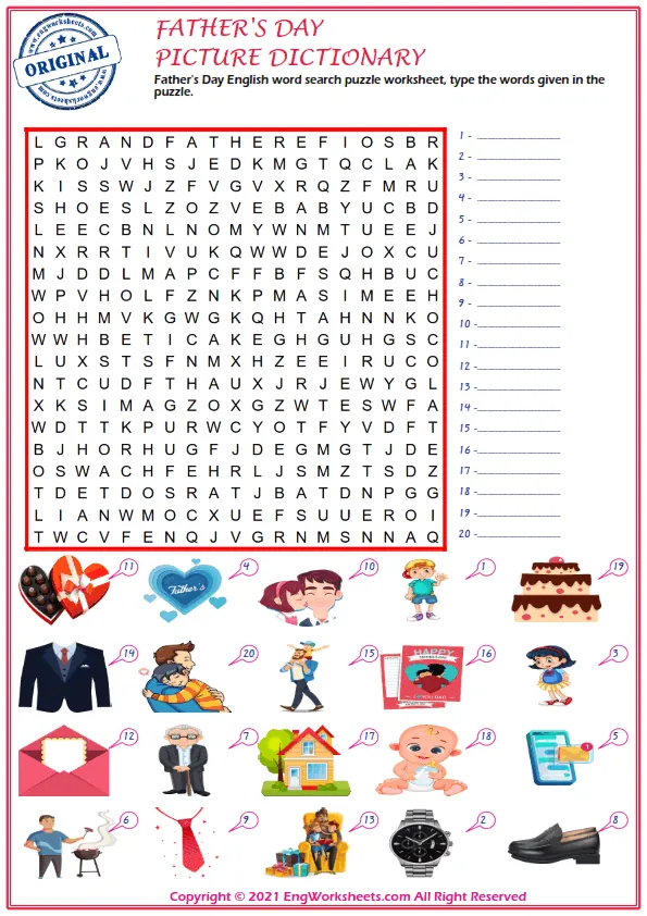 Father's Day English word search puzzle worksheet, type the words given in the puzzle. Worksheet Preview