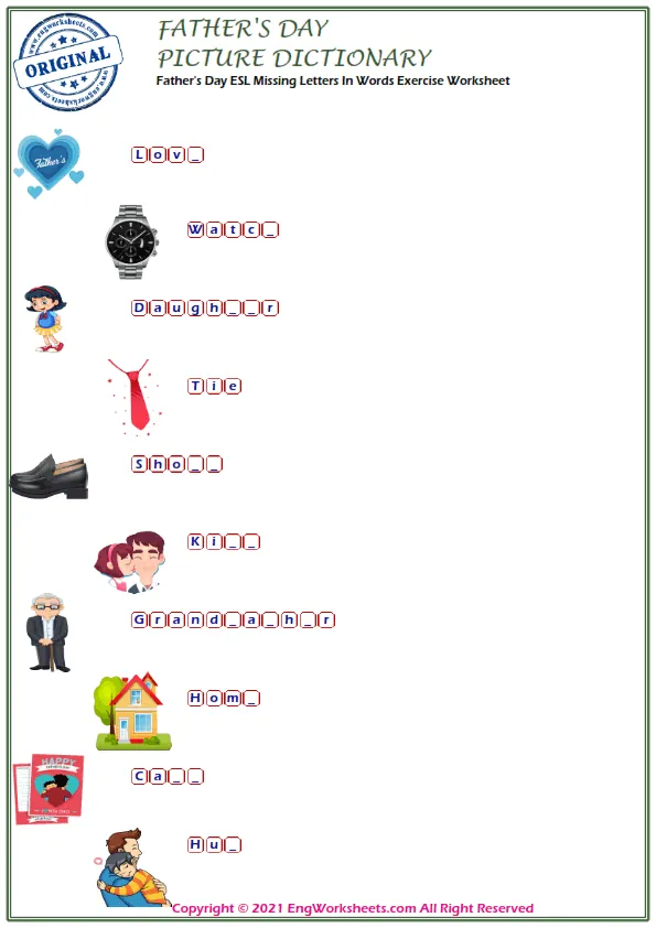 Father's Day ESL Missing Letters In Words Exercise Worksheet Worksheet Preview