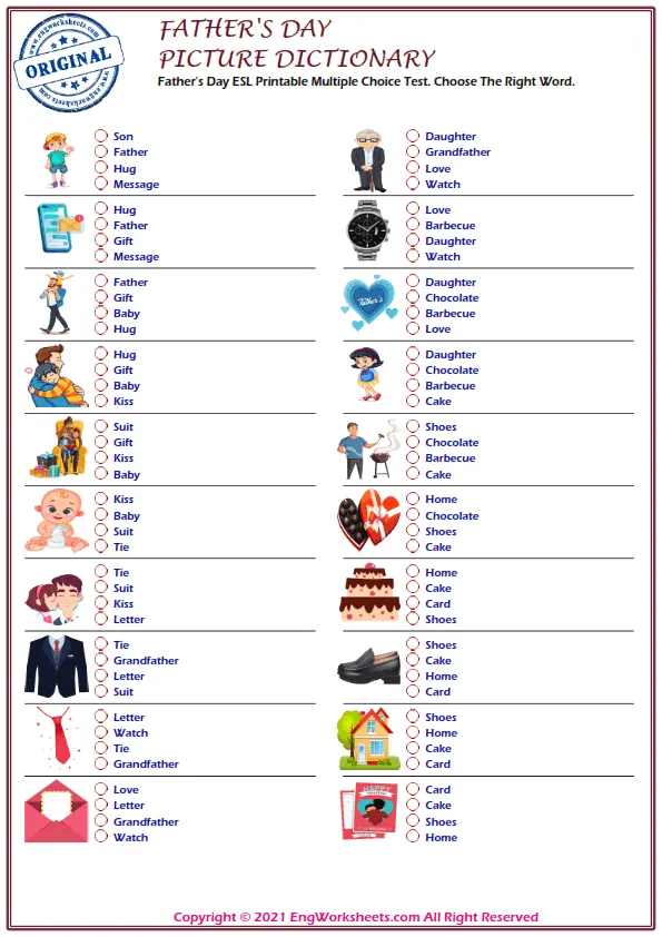 Father's Day ESL Printable Multiple Choice Test. Choose The Right Word. Worksheet Preview