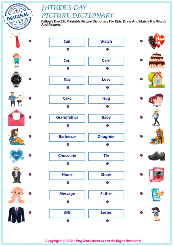 Father's Day ESL Printable Picture Dictionary For Kids. Draw And Match The Words And Pictures. Worksheet Preview