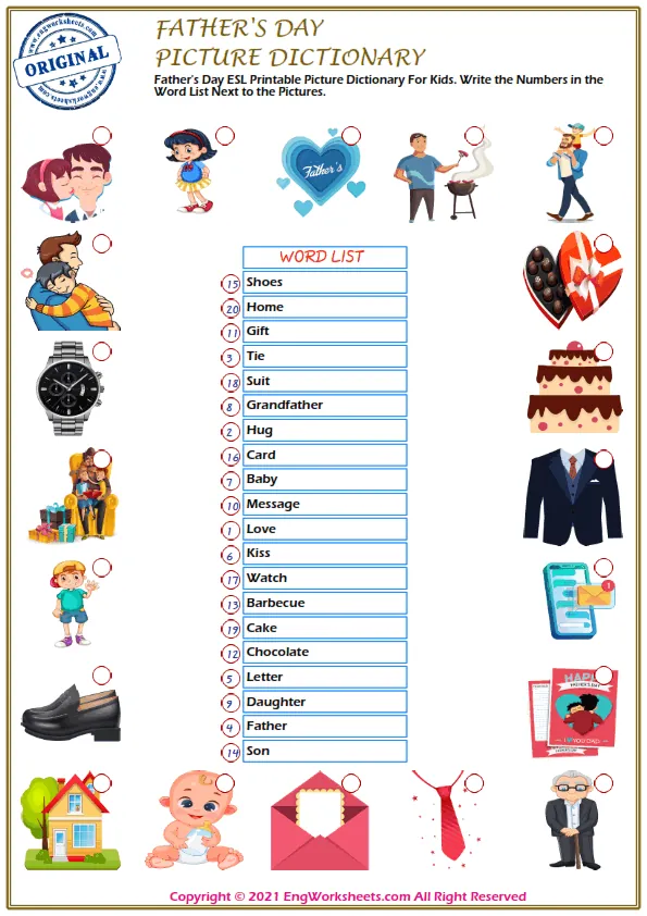 Father's Day ESL Printable Picture Dictionary For Kids. Write the Numbers in the Word List Next to the Pictures. Worksheet Preview