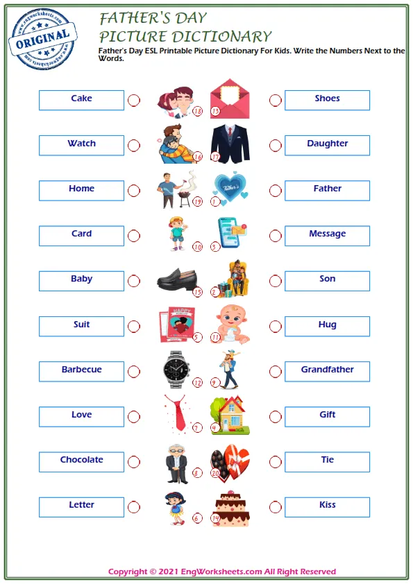 Father's Day ESL Printable Picture Dictionary For Kids. Write the Numbers Next to the Words. Worksheet Preview