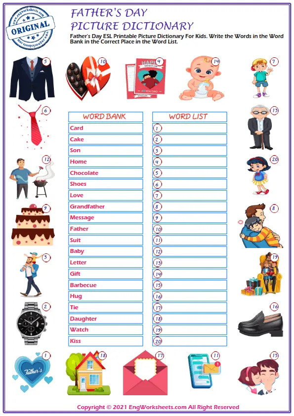 Father's Day ESL Printable Picture Dictionary For Kids. Write the Words in the Word Bank in the Correct Place in the Word List. Worksheet Preview