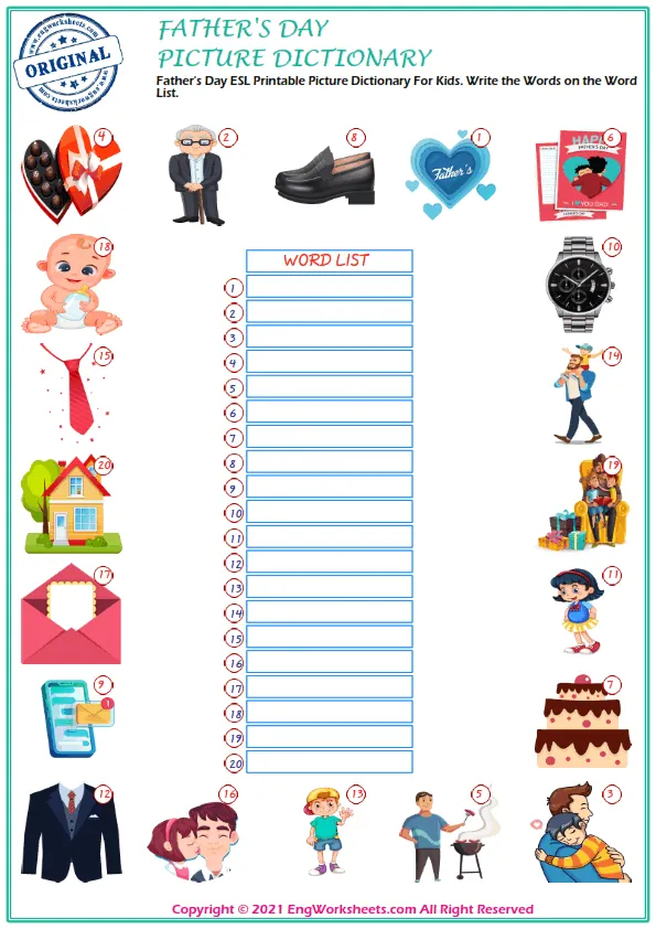 Father's Day ESL Printable Picture Dictionary For Kids. Write the Words on the Word List. Worksheet Preview
