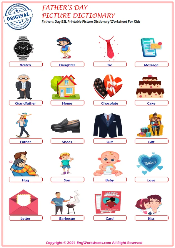 Father's Day ESL Printable Picture Dictionary Worksheet For Kids Worksheet Preview