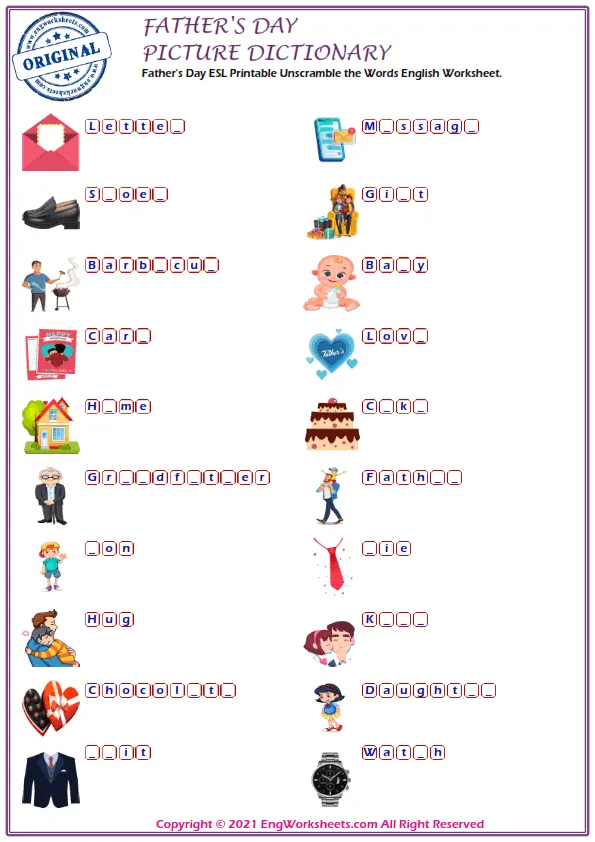 Father's Day ESL Printable Unscramble the Words English Worksheet. Worksheet Preview