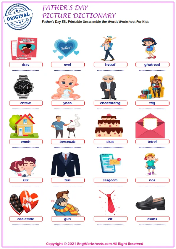 Father's Day ESL Printable Unscramble the Words Worksheet For Kids Worksheet Preview