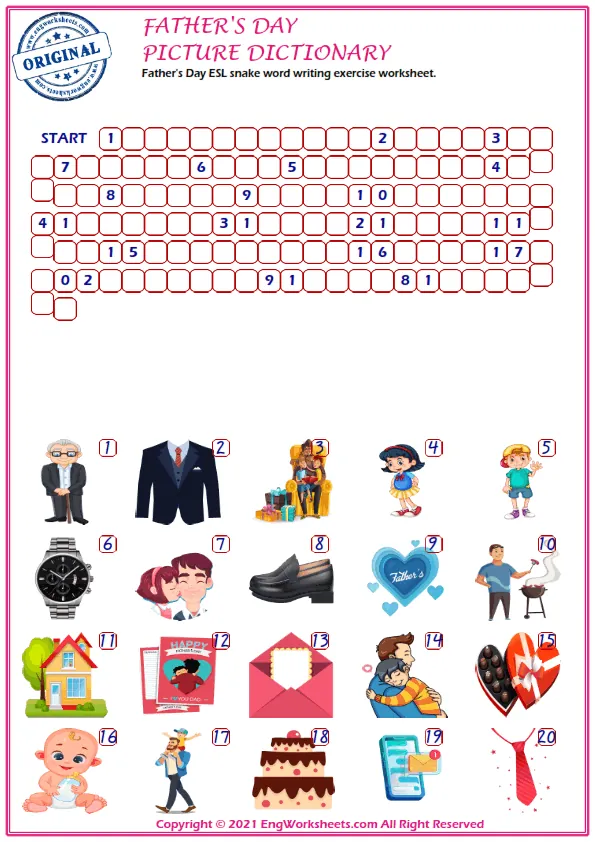 Father's Day ESL snake word writing exercise worksheet. Worksheet Preview