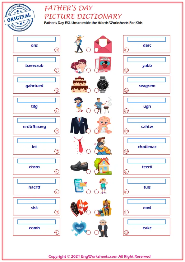 Father's Day ESL Unscramble the Words Worksheets For Kids Worksheet Preview