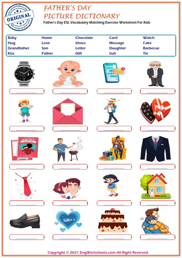 Father's Day ESL Vocabulary Matching Exercise Worksheet For Kids Worksheet Preview