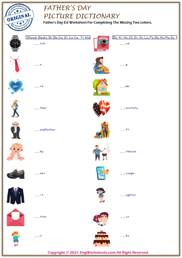 Father's Day Esl Worksheet For Completing The Missing Two Letters. Worksheet Preview