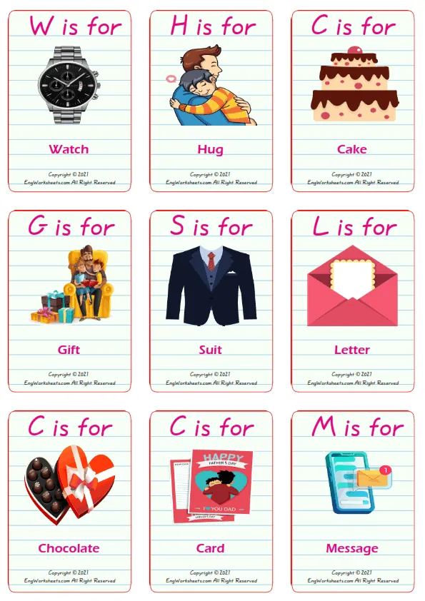 Father's Day vocabulary worksheet with words, nine images per page Worksheet Preview