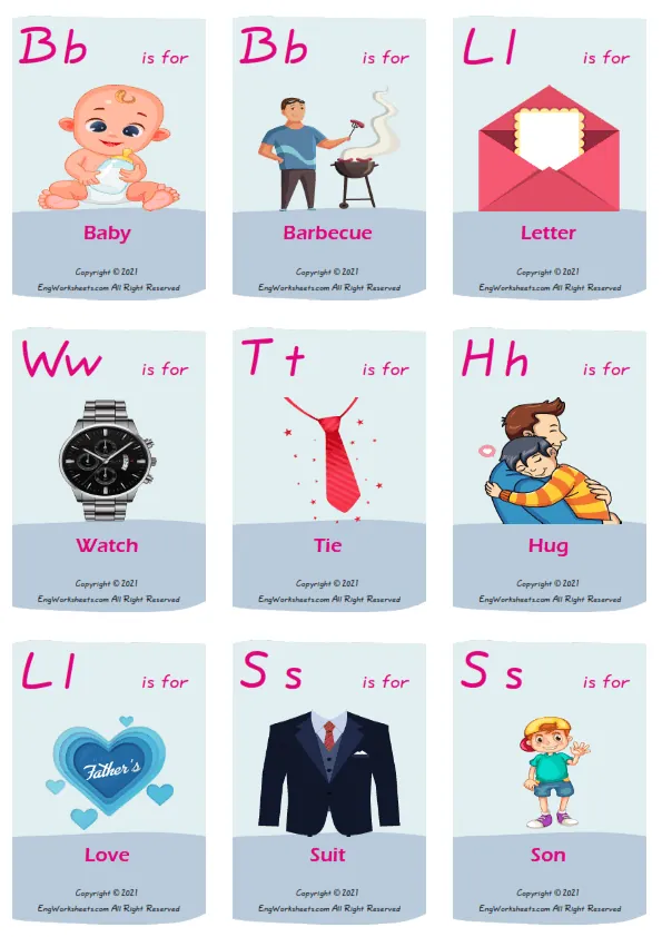 Father's Day vocabulary worksheet with words, nine images per page Worksheet Preview
