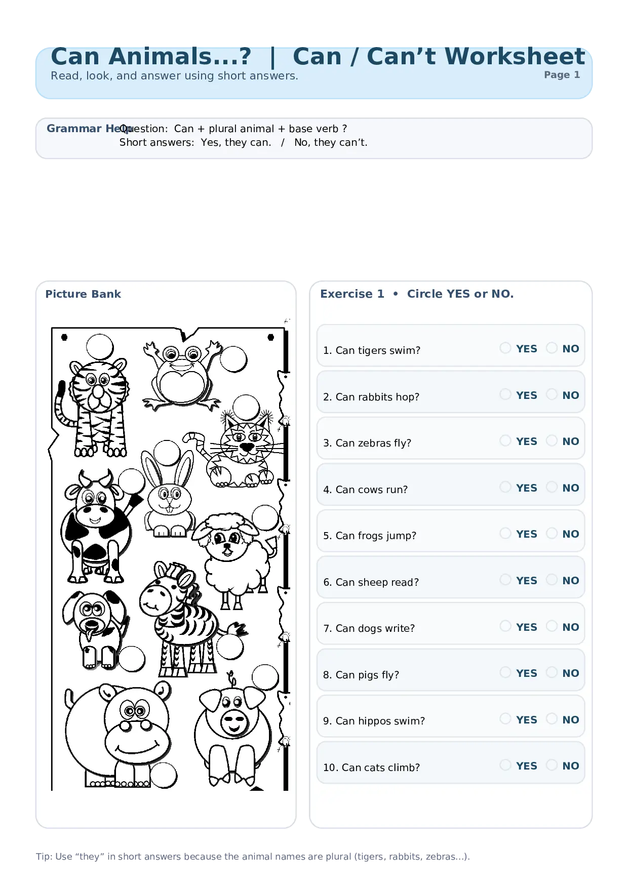 Can Animals...? | Can / Can’t Worksheet