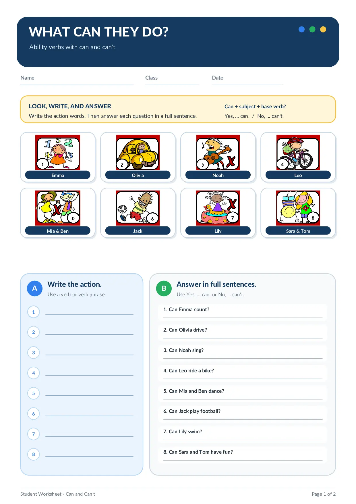 What Can They Do? Can and Can’t Ability Worksheet for Kids Worksheet Preview
