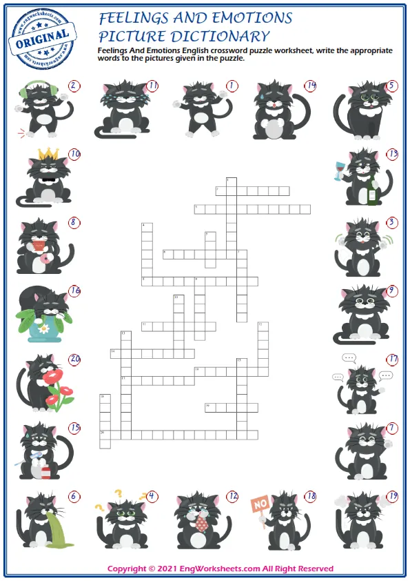 Feelings And Emotions English crossword puzzle worksheet, write the appropriate words to the pictures given in the puzzle. Worksheet Preview