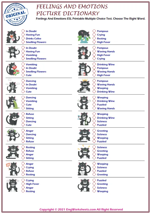 Feelings And Emotions ESL Printable Multiple Choice Test. Choose The Right Word.