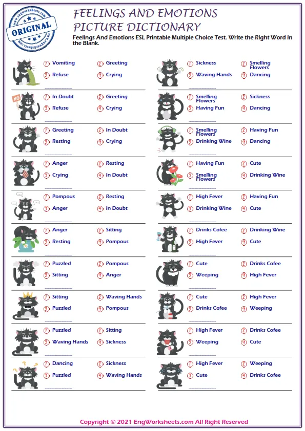 Feelings And Emotions ESL Printable Multiple Choice Test. Write the Right Word in the Blank. Worksheet Preview