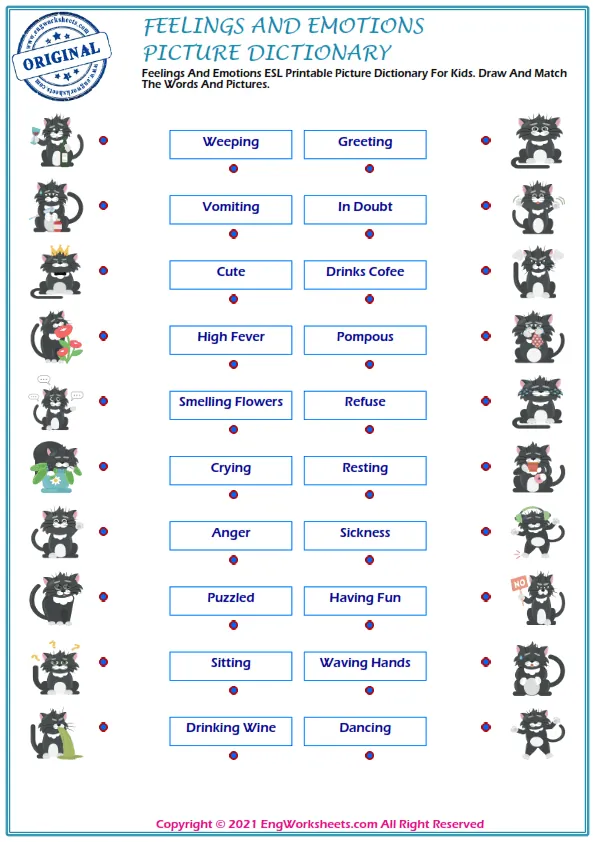 Feelings And Emotions ESL Printable Picture Dictionary For Kids. Draw And Match The Words And Pictures. Worksheet Preview