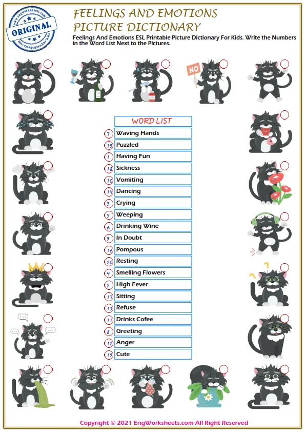 Feelings And Emotions ESL Printable Picture Dictionary For Kids. Write the Numbers in the Word List Next to the Pictures. Worksheet Preview