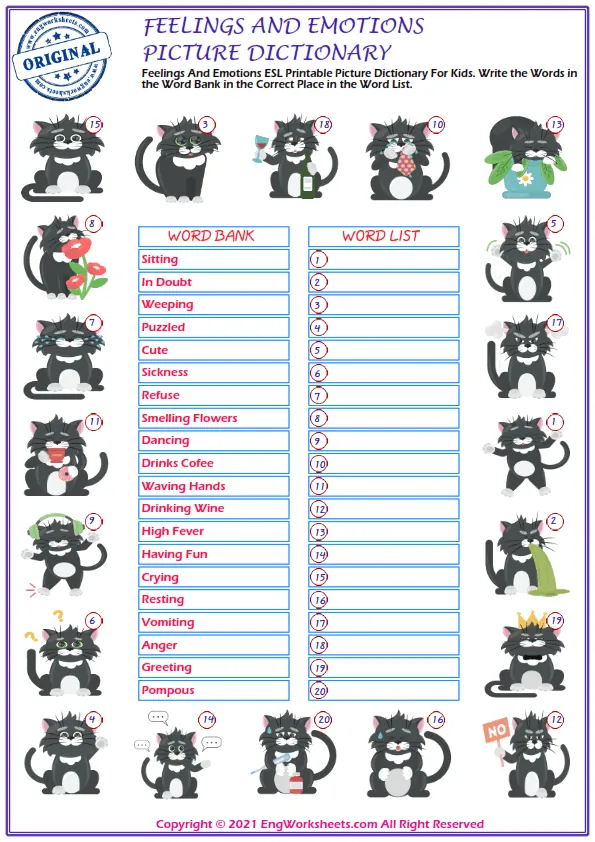 Feelings And Emotions ESL Printable Picture Dictionary For Kids. Write the Words in the Word Bank in the Correct Place in the Word List. Worksheet Preview