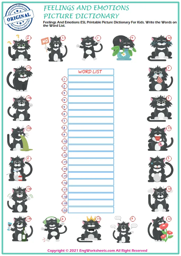 Feelings And Emotions ESL Printable Picture Dictionary For Kids. Write the Words on the Word List.